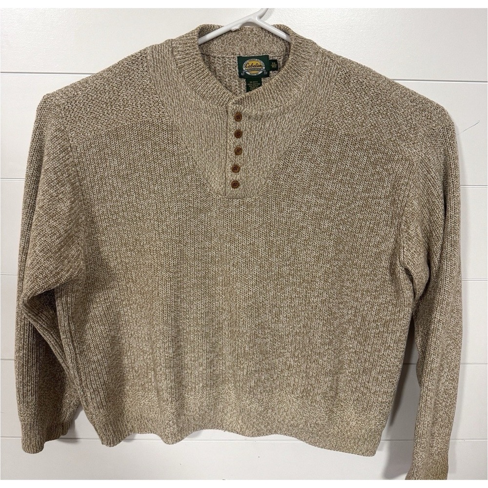 Cabelas Henley Sweater XXL Beige Tan Heavy Knit 5-Button Fisherman‎ VINTAGE